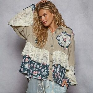 Balloon Sleeve Double Gauze Floral Gray and Taupe Jacket